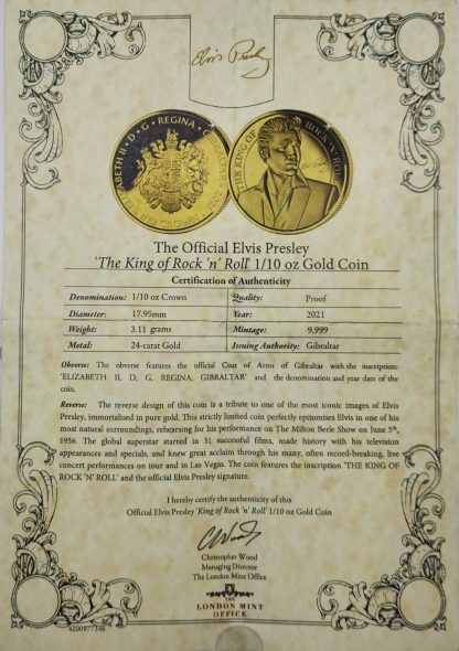 Official Elvis Presley The King of Rock ‘n’ Roll 1/10 oz Gold Coin - Image 6